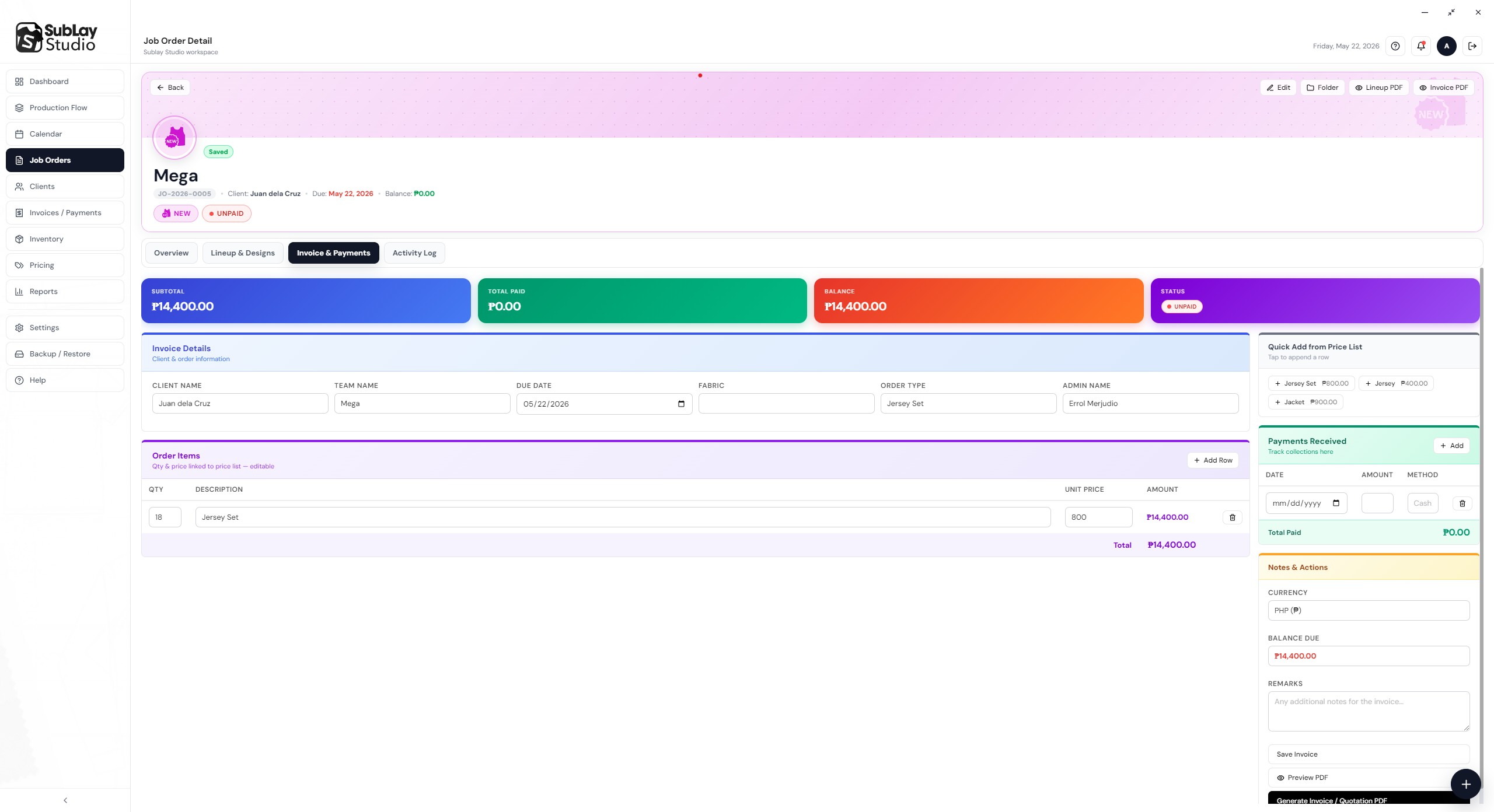 Invoices and Payments screen
